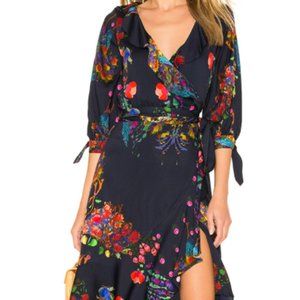 Cynthia Rowley: Blue Roseland Printed 3/4-sleeve Ruffle Wrap Dress